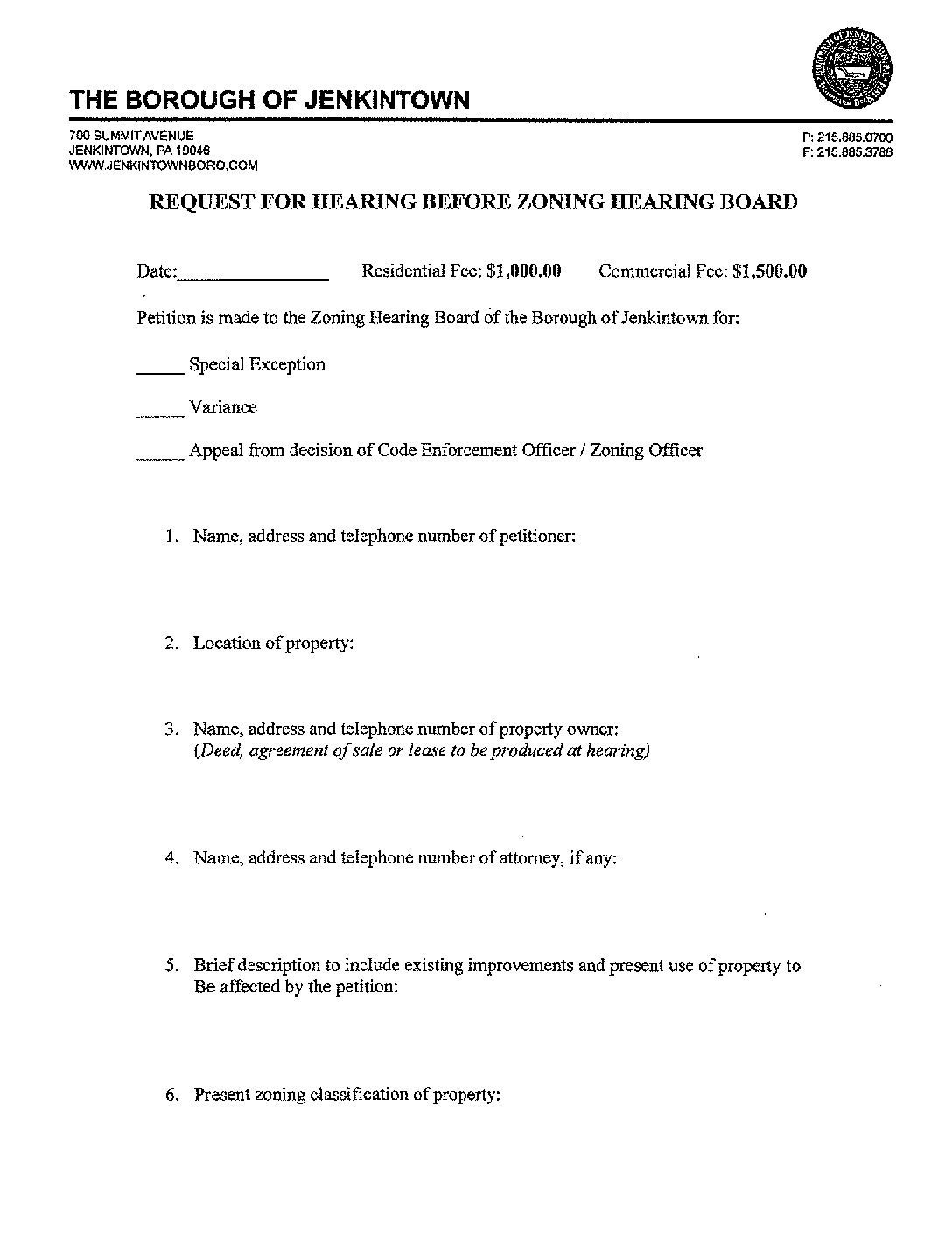 Request for Zoning Hearing Board - Jenkintown Borough, PA